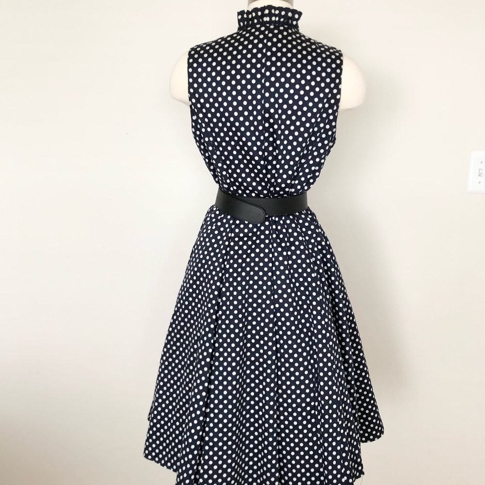 Navy Blue White Polka Dot V-Neck Ruffle Dress - Picture 6 of 9